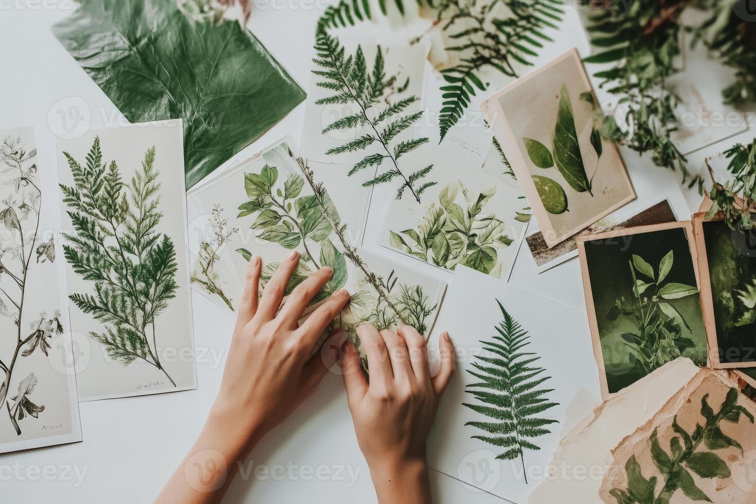 Hands arranging botanical prints on white surface with various green leaf illustrations photo