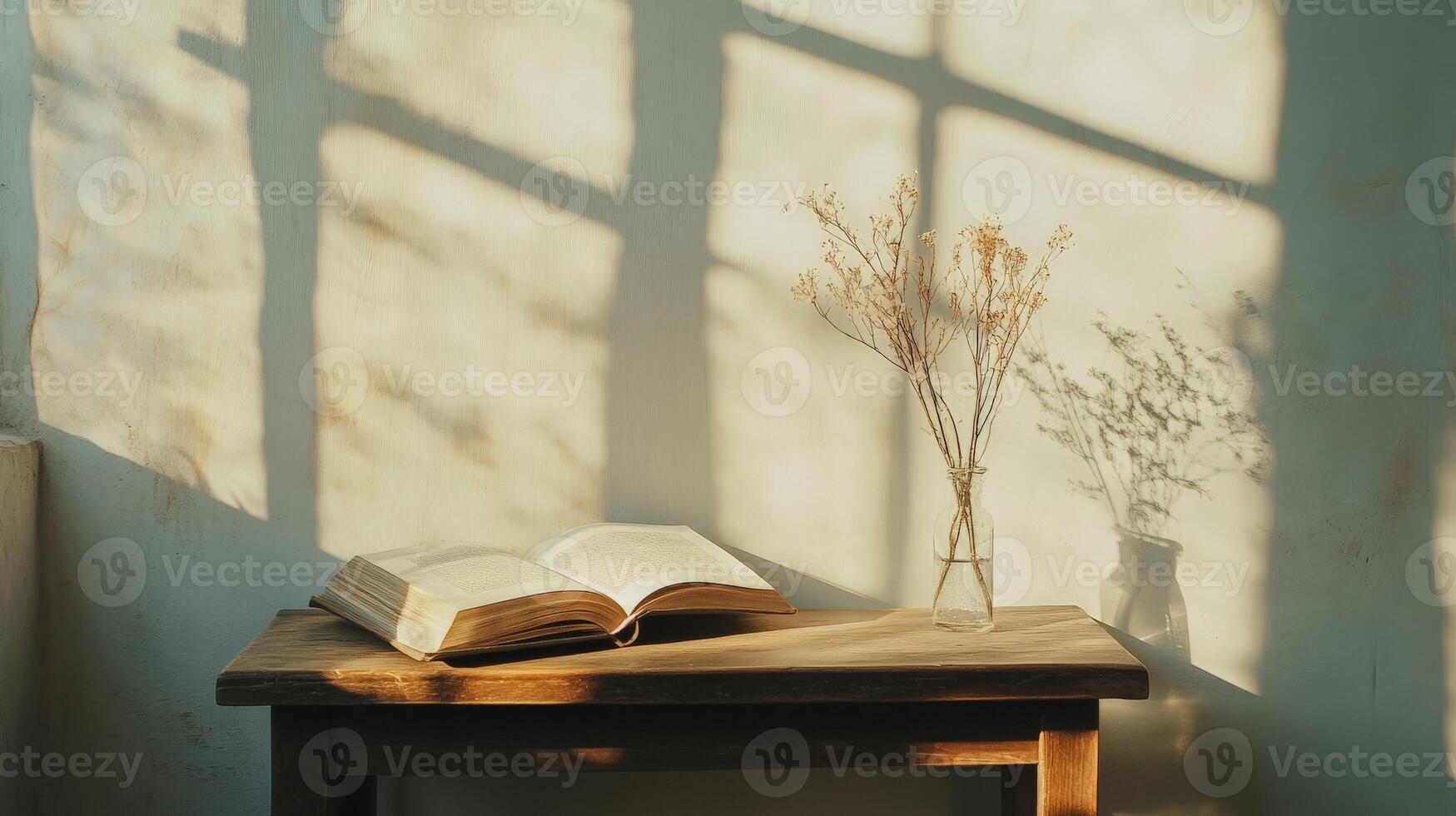 Open book and dried flowers on wooden table in sunlight photo