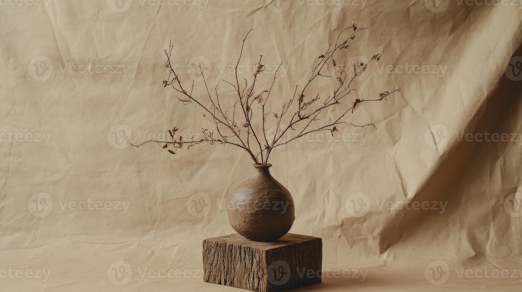 Rustic clay vase with dried branches on wooden block against brown backdrop photo