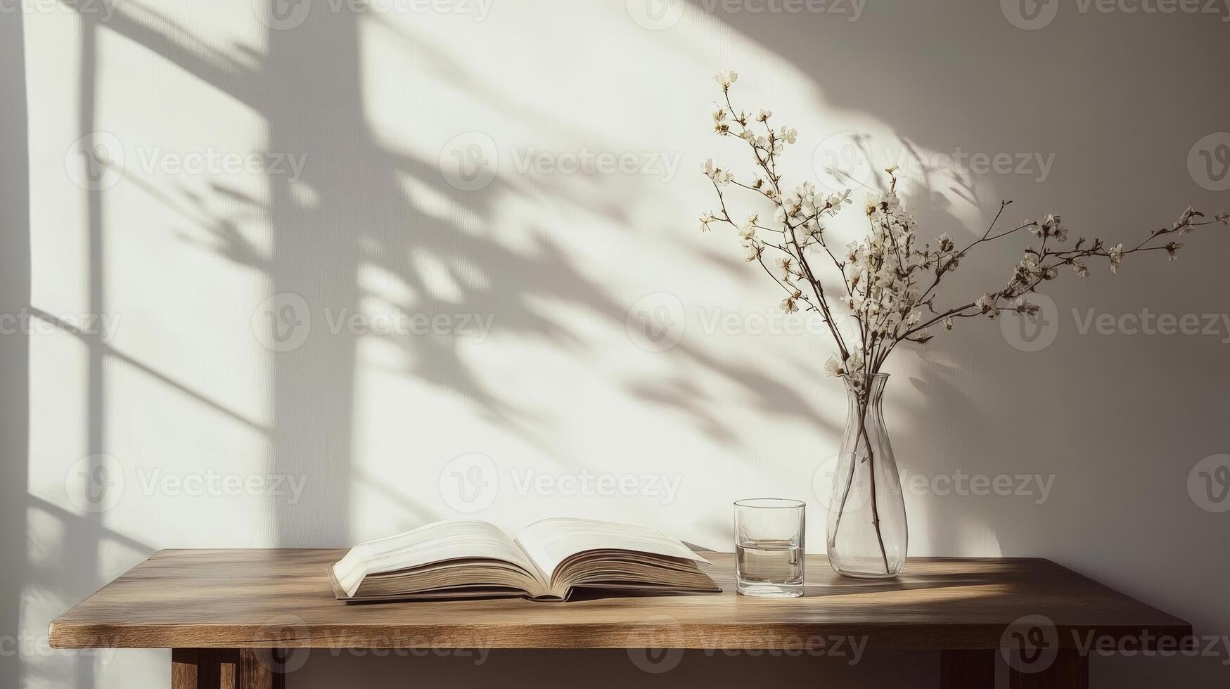 Sunlit minimalist table with open book, glass vase of flowers, and shadows photo