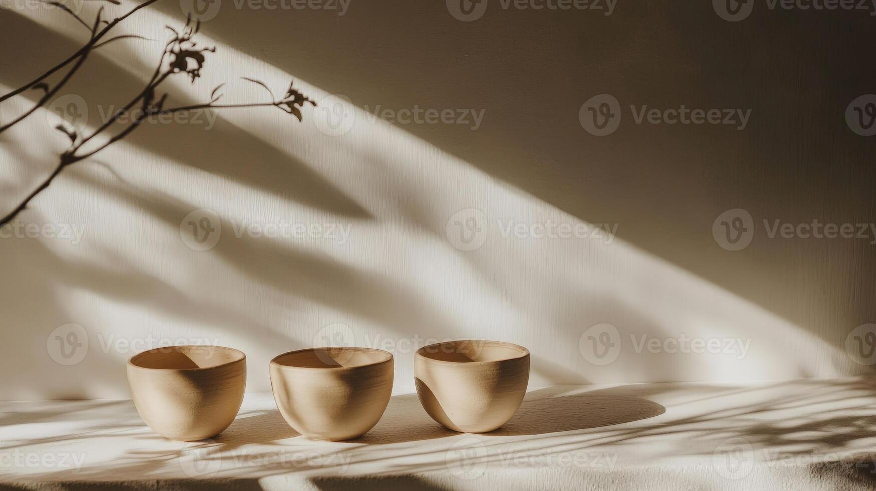 Three wooden bowls in soft sunlight with delicate shadows on a minimalist surface photo