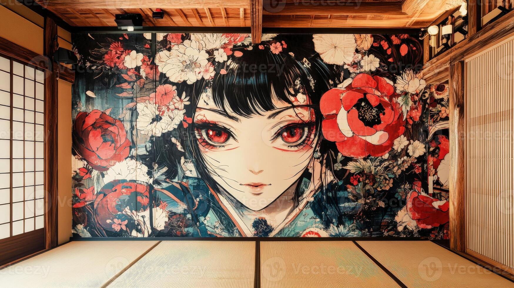 Vibrant anime art mural with female character in traditional japanese room photo