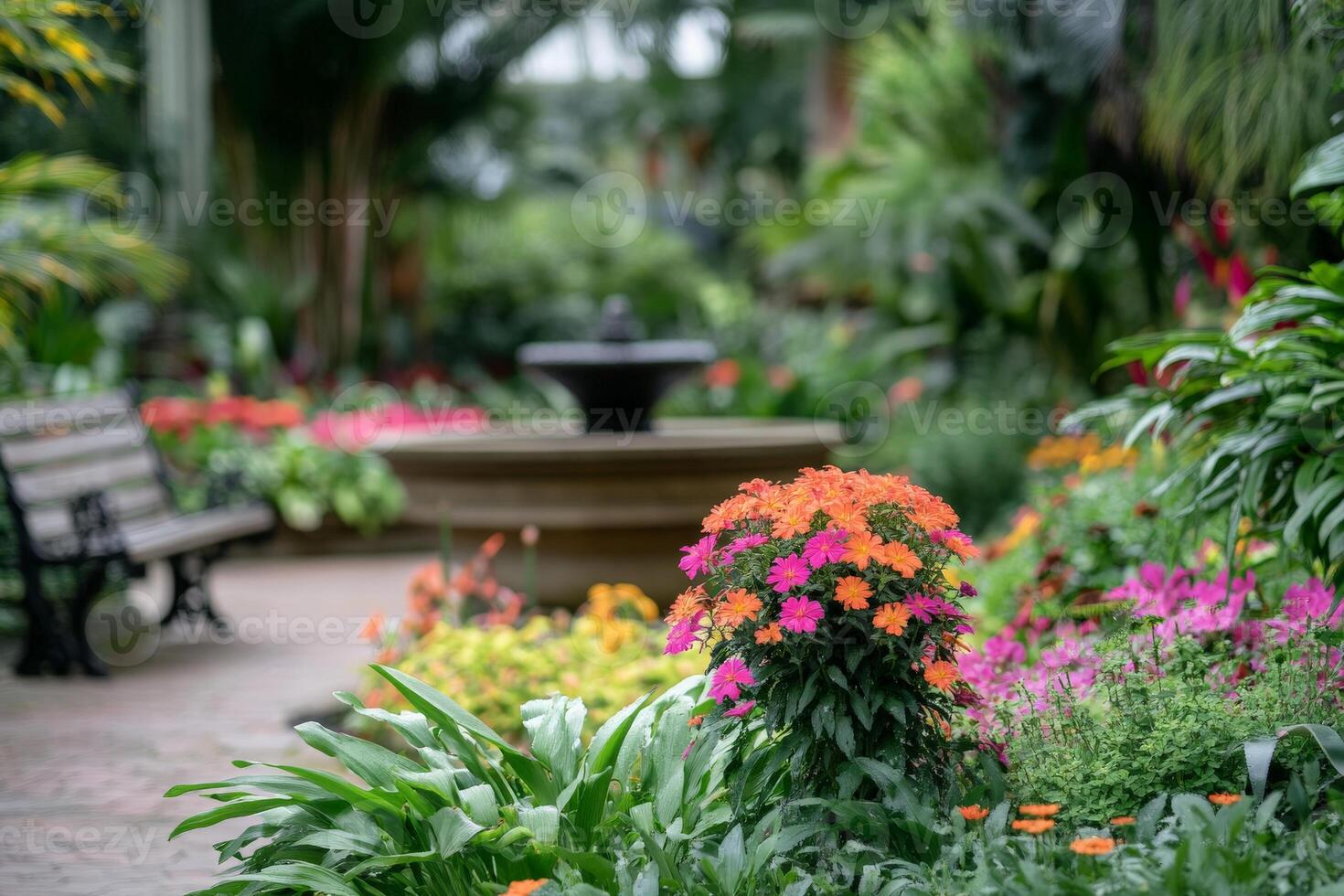 Vibrant botanical garden with colorful flowers and central fountain photo