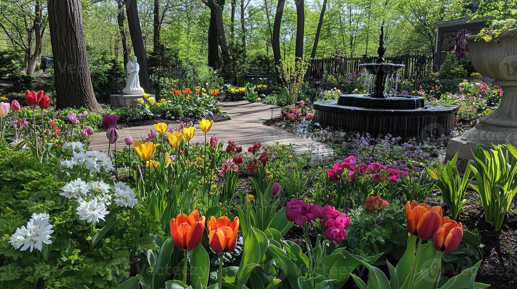Vibrant spring garden with colorful tulips and elegant fountain photo