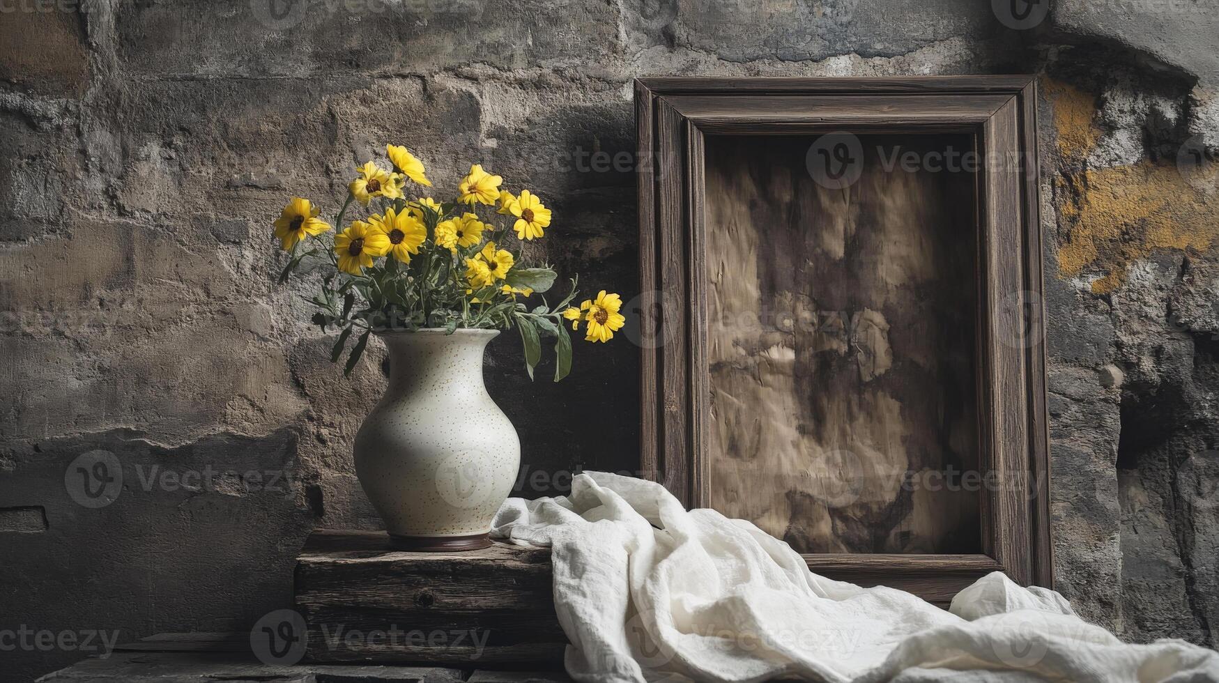Vintage still life with yellow flowers in vase and empty wooden frame photo