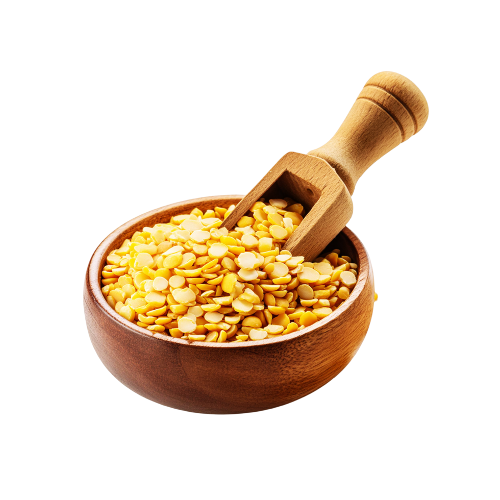 Wooden scoop and bowl of Fresh peeled moong bean on transparent background png