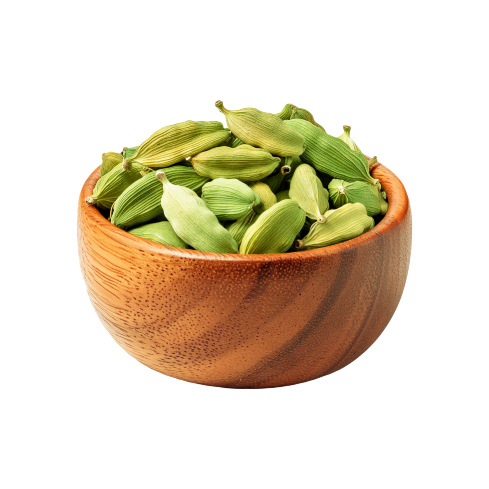 Cardamom in a wooden bowl on transparent background png