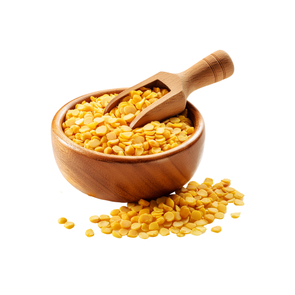 Realistic Wooden scoop and bowl of fresh peeled moong bean on transparent background png