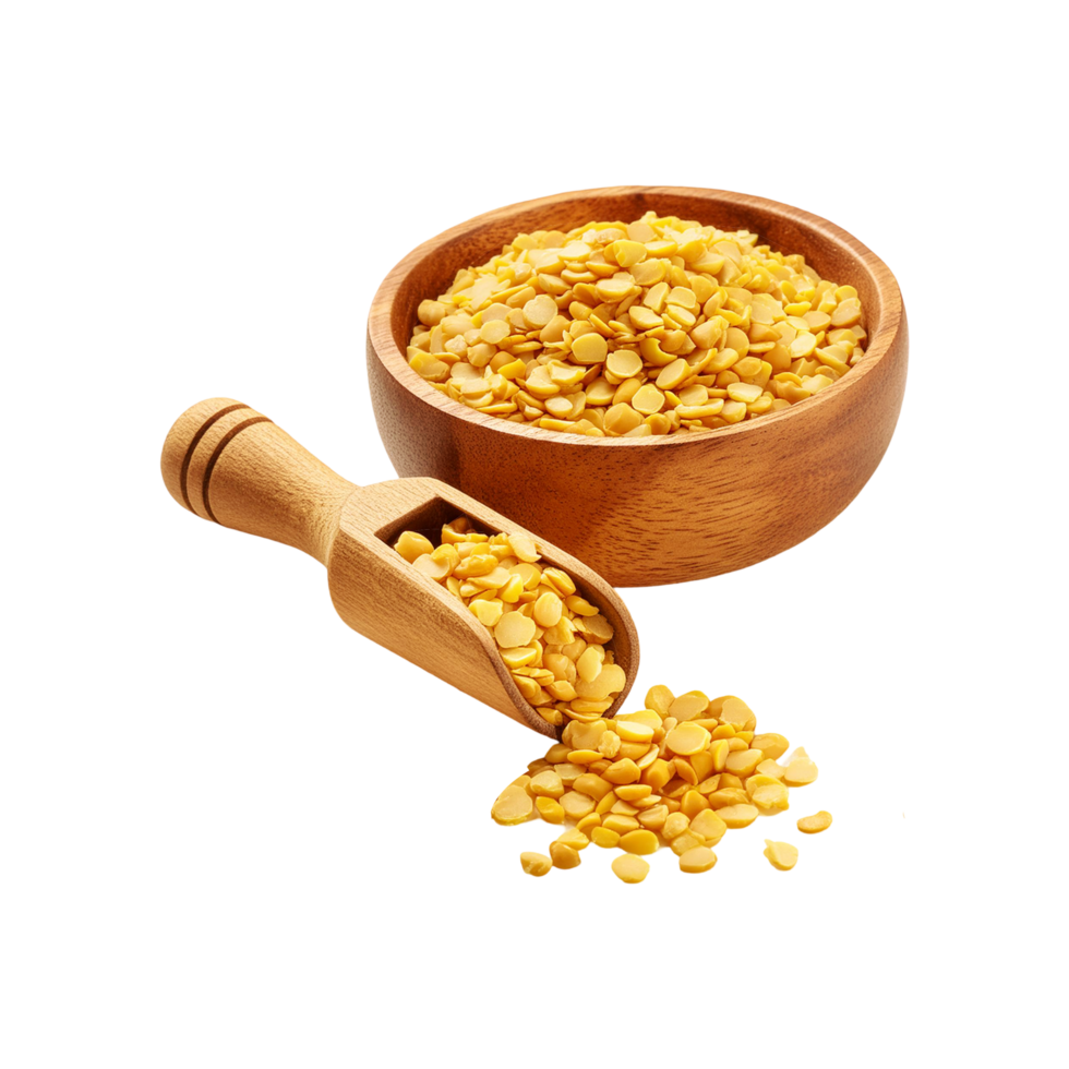 Realistic Wooden scoop and bowl of peeled moong bean on transparent background png