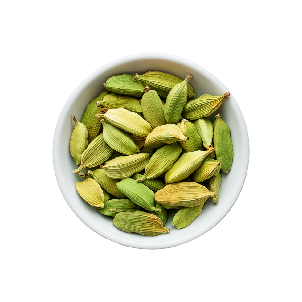 Top view of Cardamom in a white bowl on transparent background png