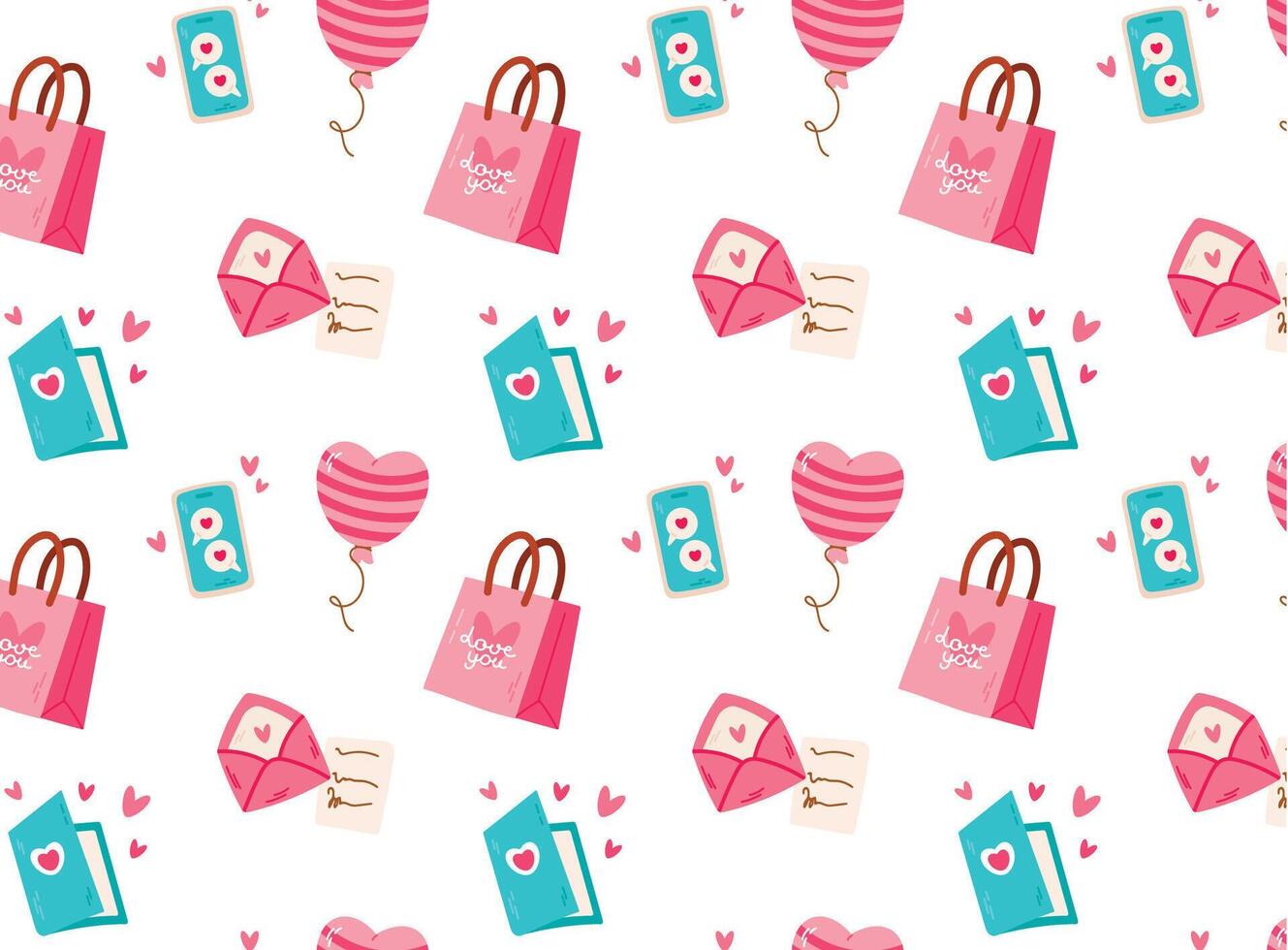 Valentine's day seamless pattern with hearts, envelopes, gift boxes and balloons. Flat illustration. vector