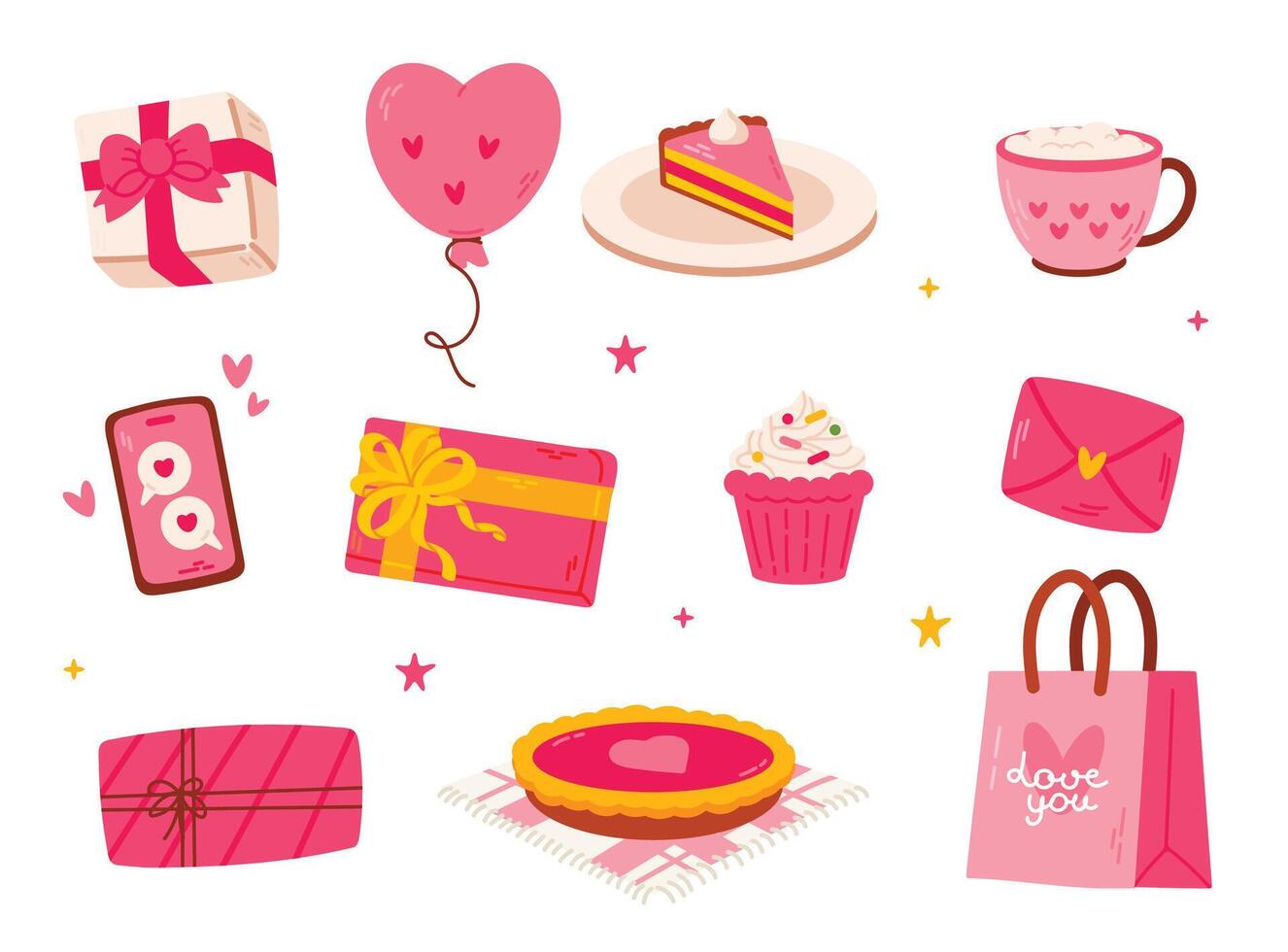 Valentines day element set collection with gifts, hearts, cakes, and balloons. vector