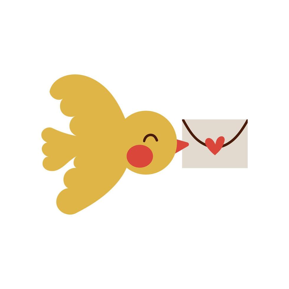 Valentine bird with card. illustration in doodle cartoon style isolate on white. Hand drawn illustration for Valentine day ,cute yellow bird fly with love mail vector