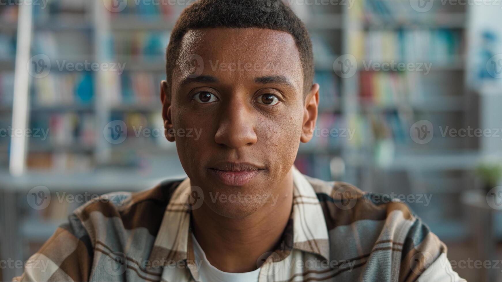 African American man ethnic male guy student learner university library college high school looking at camera study learning educated face academy graduate intelligence lesson clever campus bookworm photo