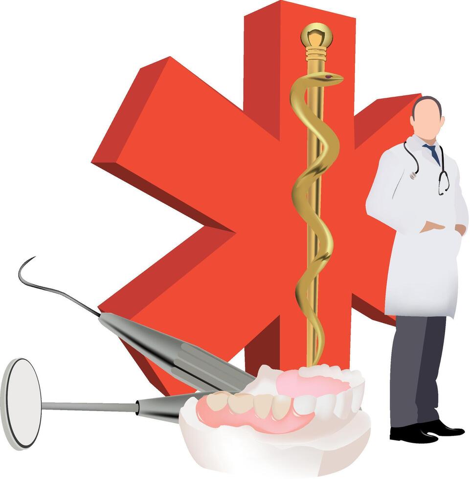 A doctor is standing next to a red star and a medical device vector