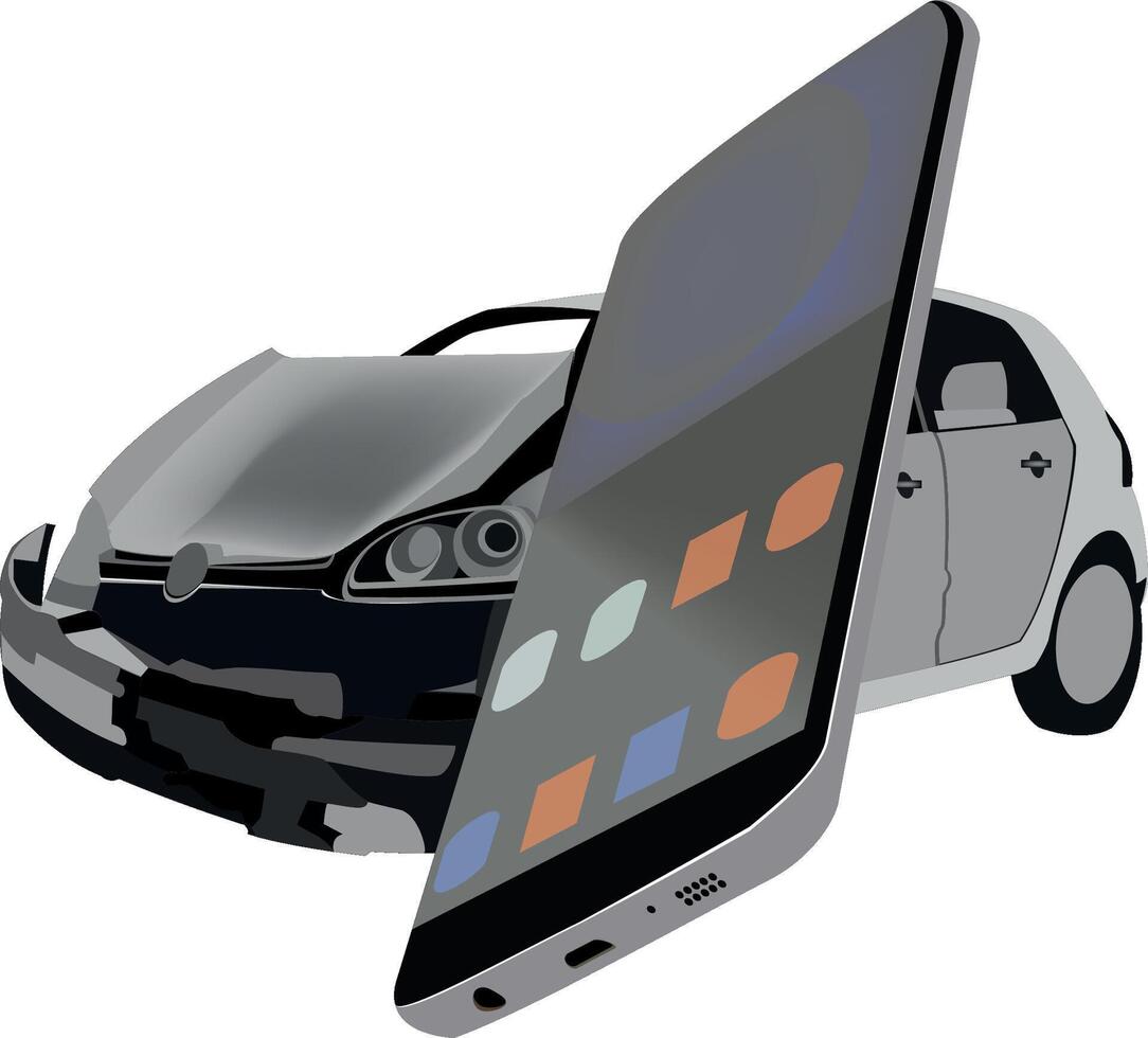 A car is shown with a broken windshield and a phone vector