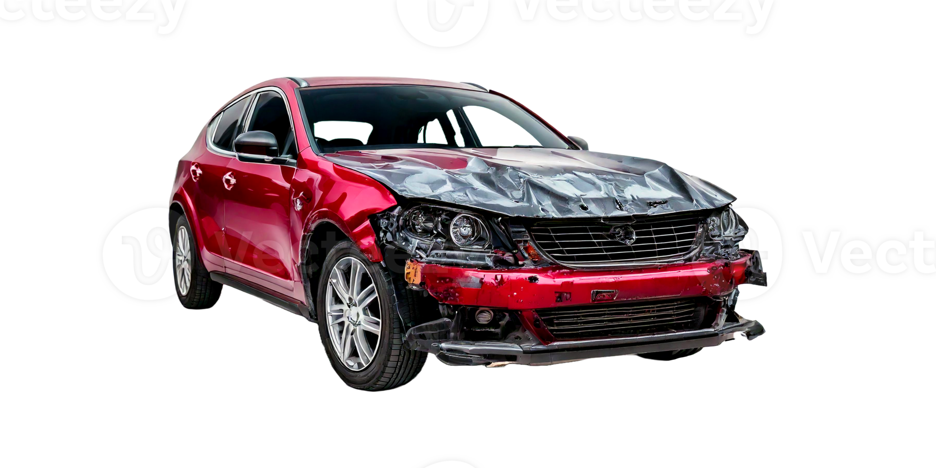 red wrecked car with damaged front end, isolated on a white background with full depth of field png