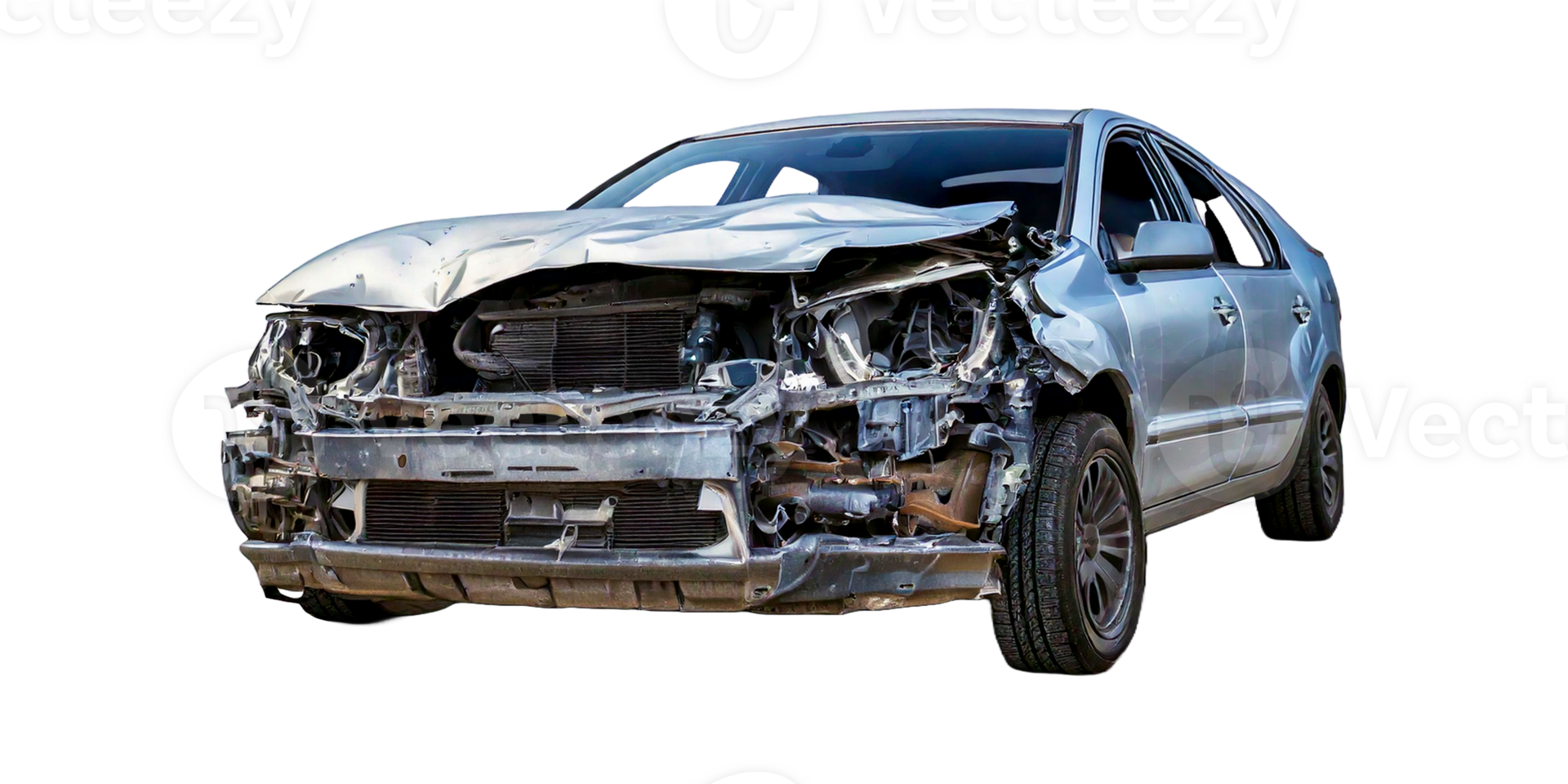 A wrecked car with a damaged front end isolated on a white background with full depth of field png