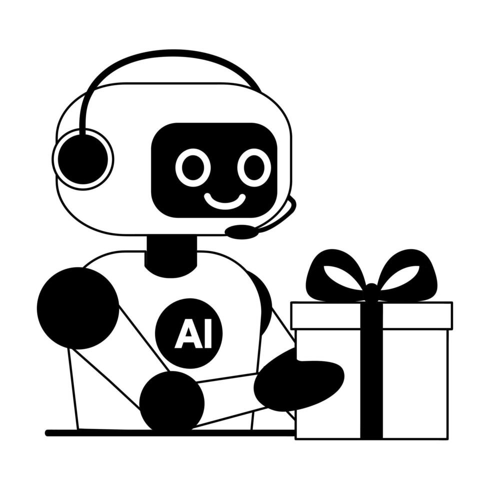 Line illustration of the chat bot giving a gift vector
