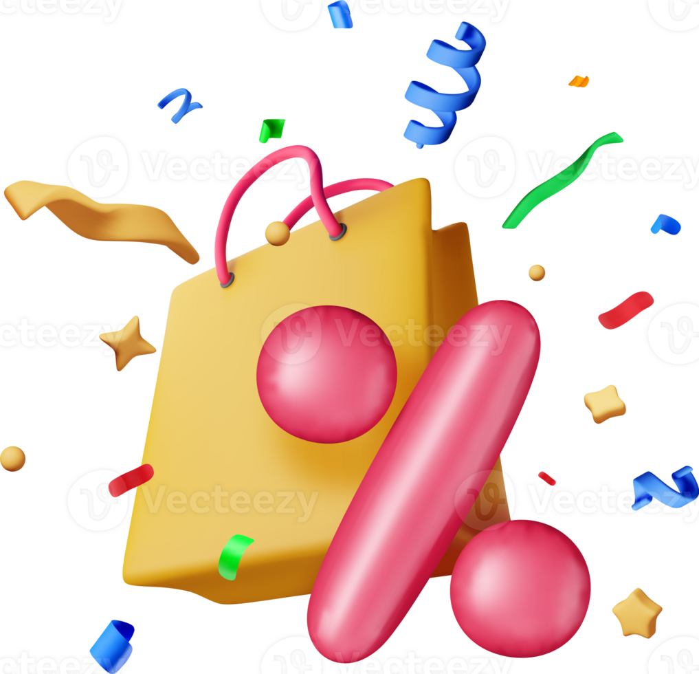 3D shopping bag with red percent sign in confetti png