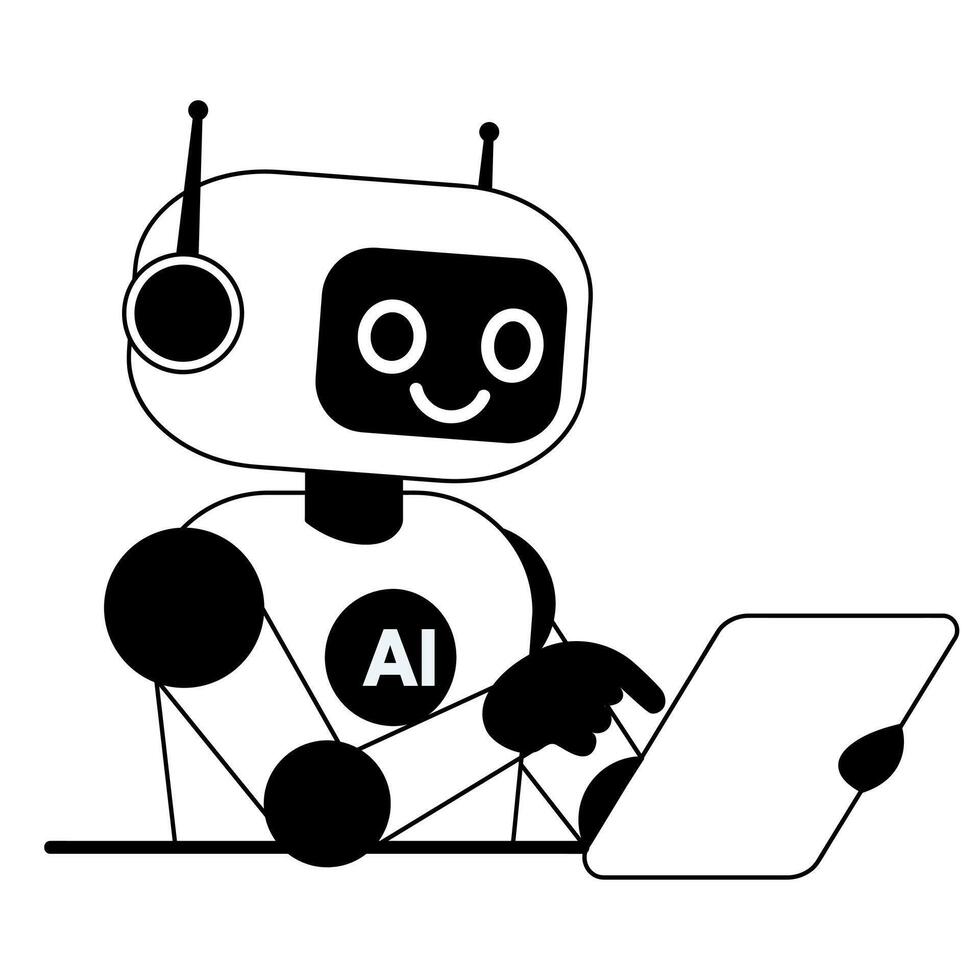 Line illustration smiling robot chat with tablet on isolated white background vector