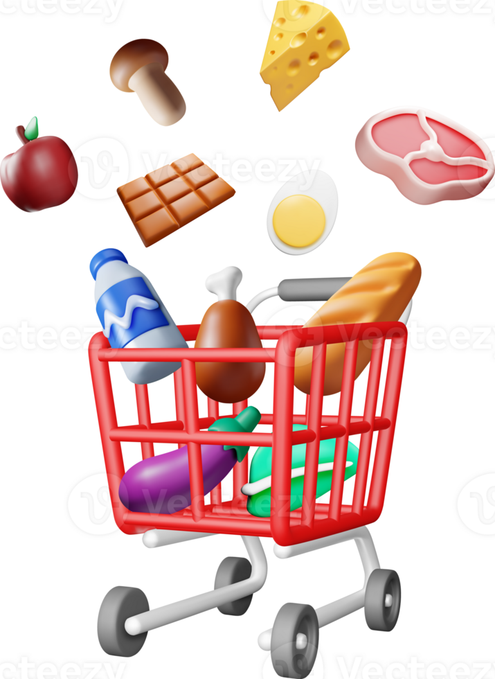 3D Shopping Cart with Fresh Products png