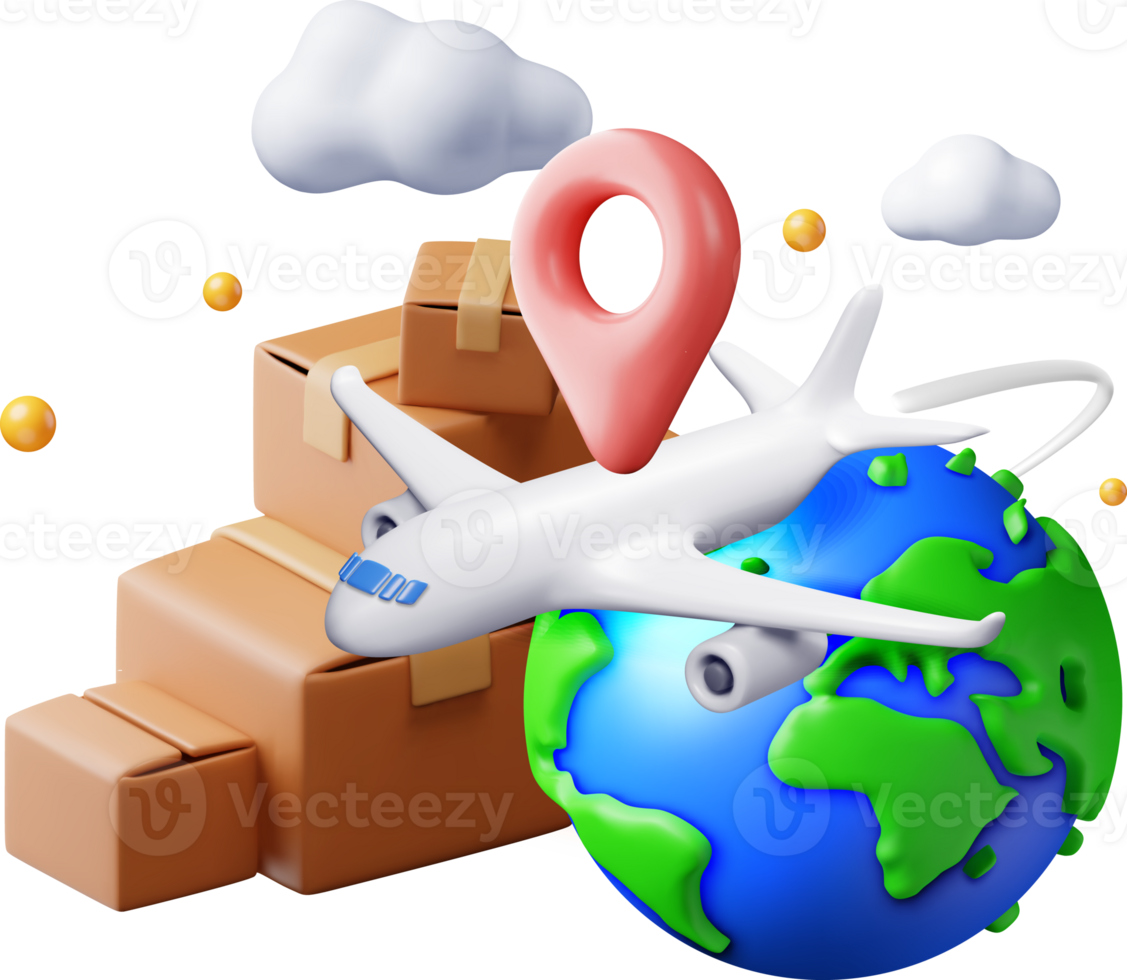 3D Delivery Airplane, Globe and Cardboard Box png