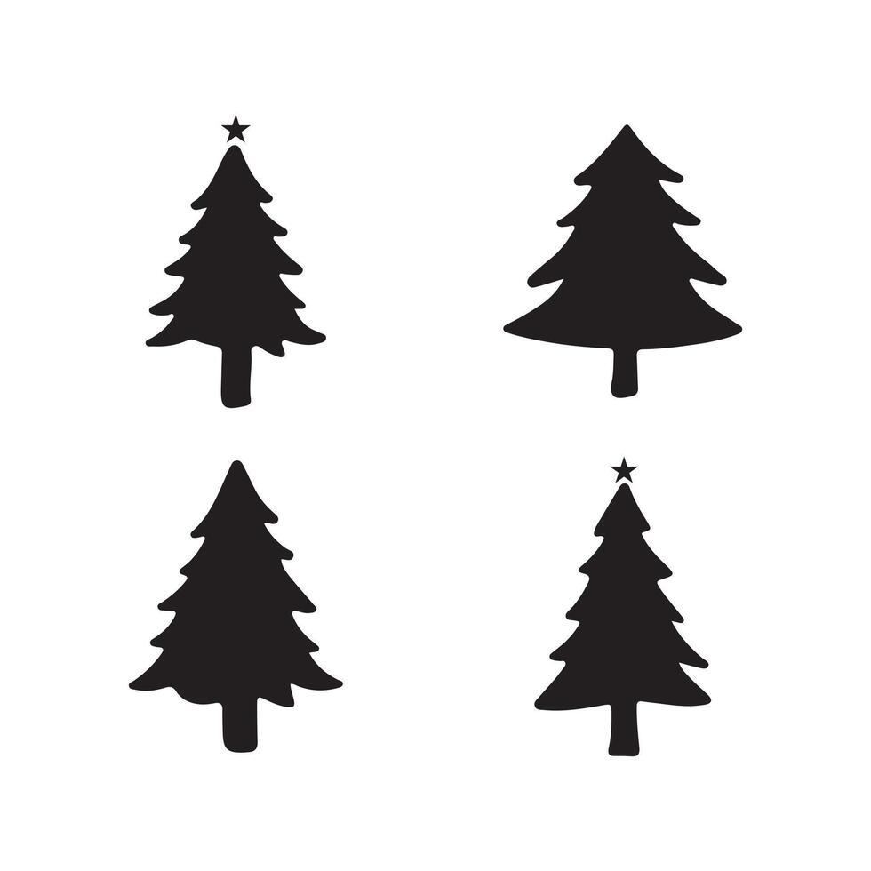 The image shows black silhouettes of Christmas trees in different styles. Each tree design is distinct, showcasing varying shapes and arrangements of branches. vector