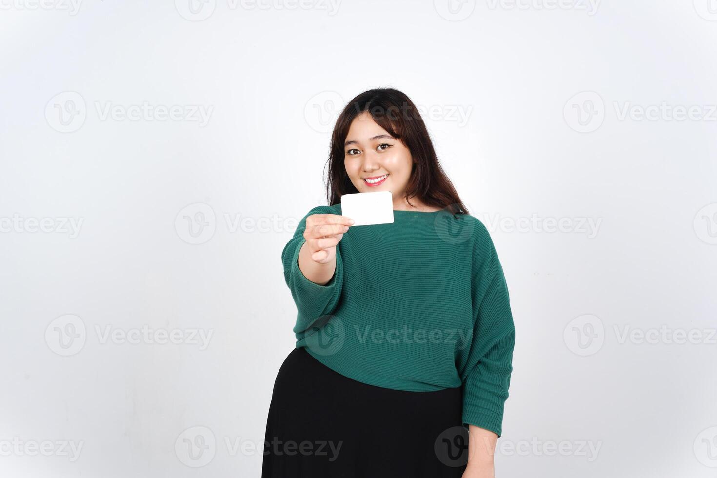 Holding Credit Debit Card, Smiling and showing white blank card, Pay or Shopping Concept Of Beautiful Asian Woman Isolated On White Background photo