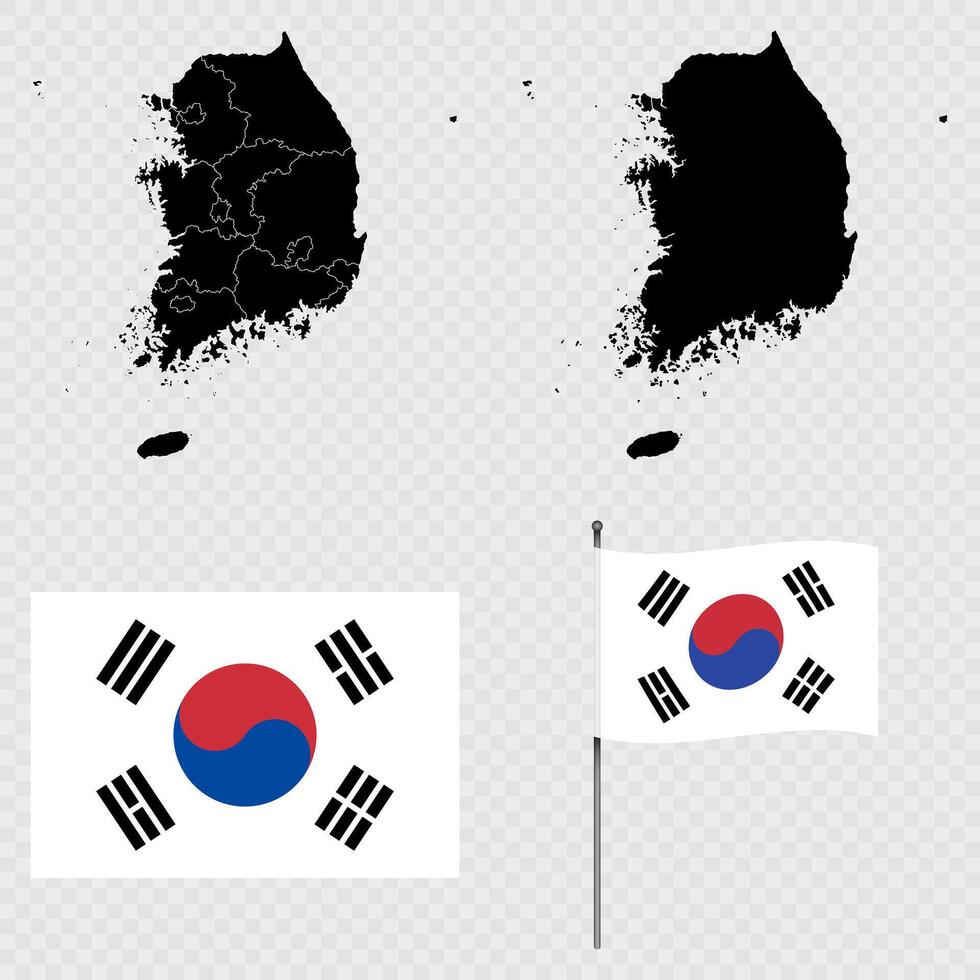 Set of maps, flag and flagpole of South Korea. illustration. vector