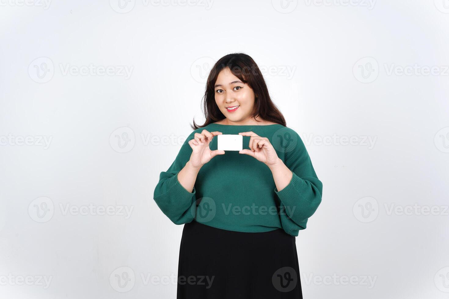 Holding Credit Debit Card, Smiling and showing white blank card, Pay or Shopping Concept Of Beautiful Asian Woman Isolated On White Background photo