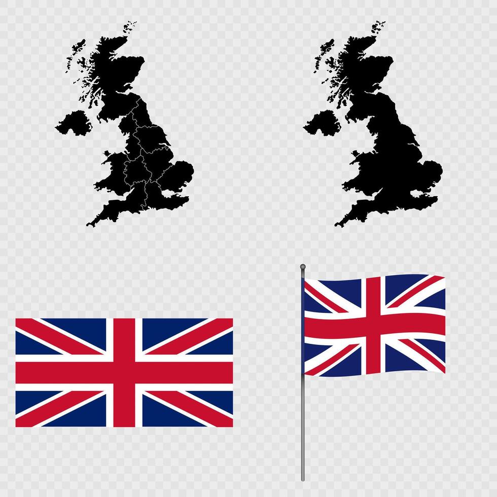 Set of maps, flag and flagpole of UK. illustration. vector