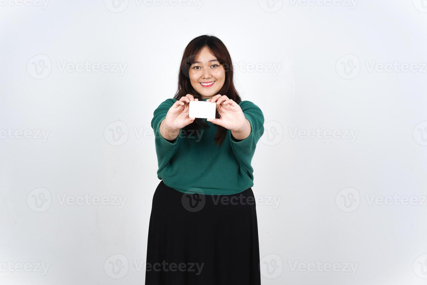 Holding Credit Debit Card, Smiling and showing white blank card, Pay or Shopping Concept Of Beautiful Asian Woman Isolated On White Background photo
