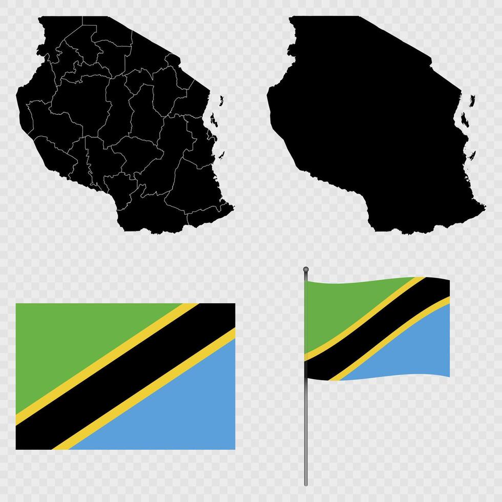 Set of maps, flag and flagpole of Tanzania. illustration. vector