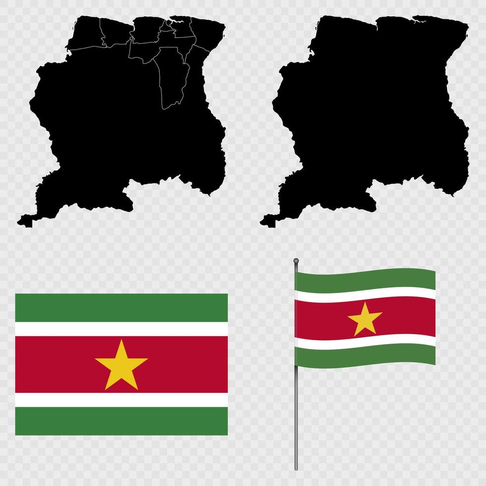 Set of maps, flag and flagpole of Suriname. illustration. vector