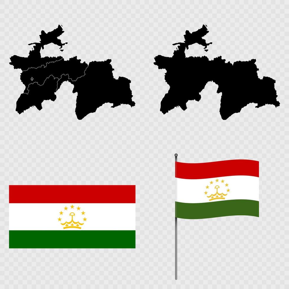 Set of maps, flag and flagpole of Tajikistan. illustration. vector