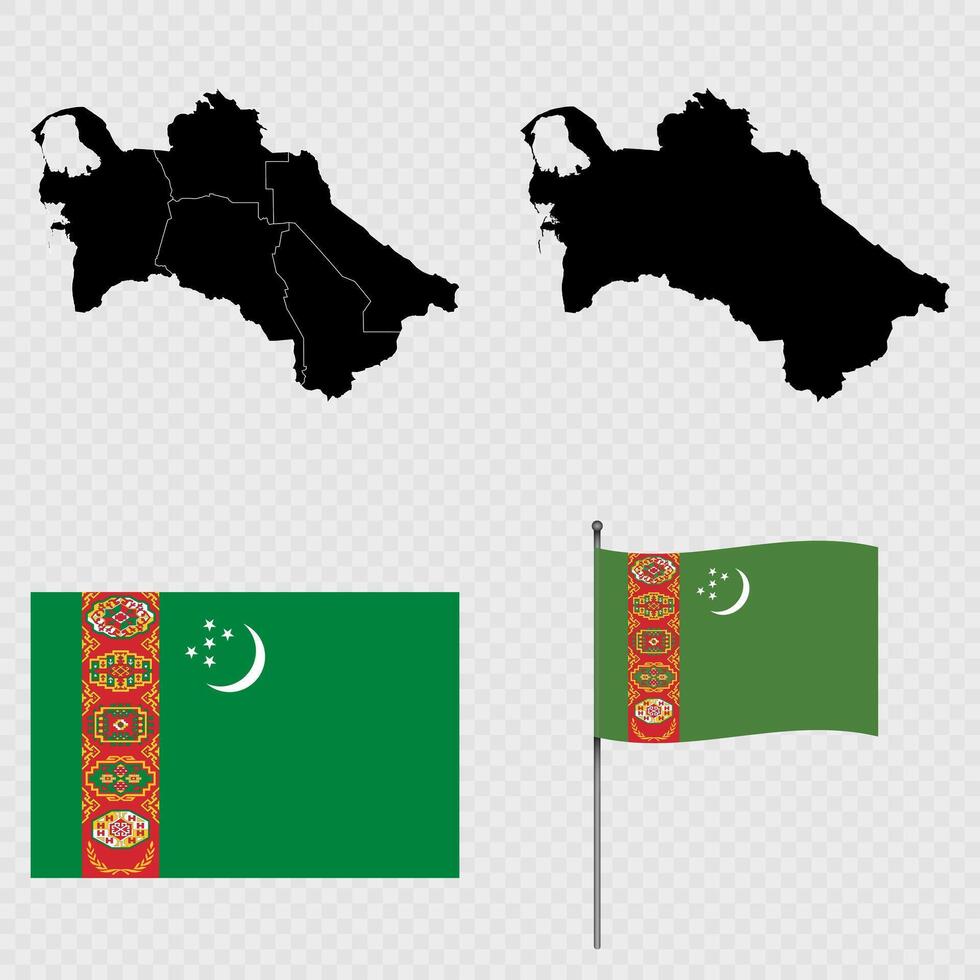 Set of maps, flag and flagpole of Turkmenistan. illustration. vector