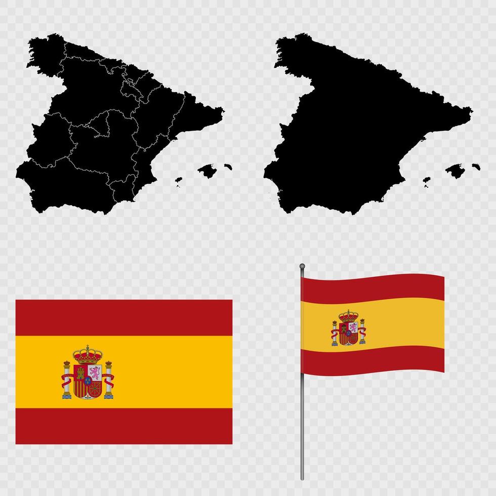 Set of maps, flag and flagpole of Spain. illustration. vector