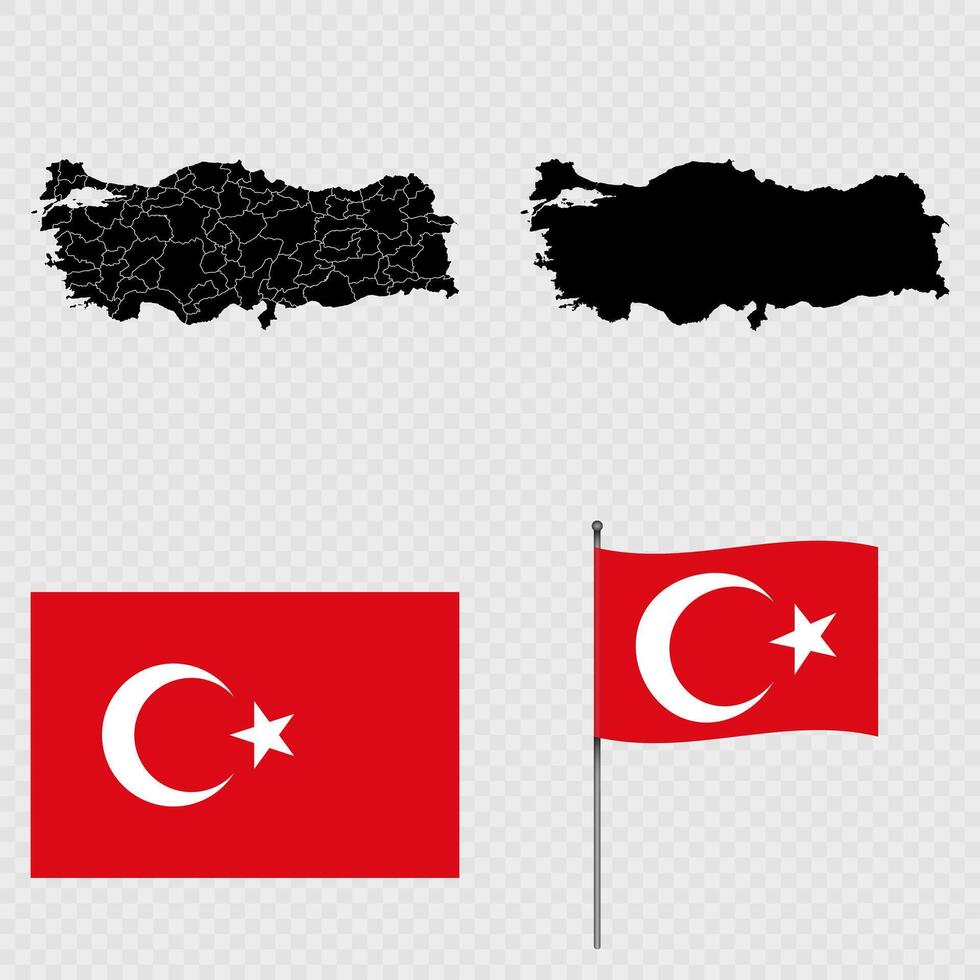 Set of maps, flag and flagpole of Turkey. illustration. vector