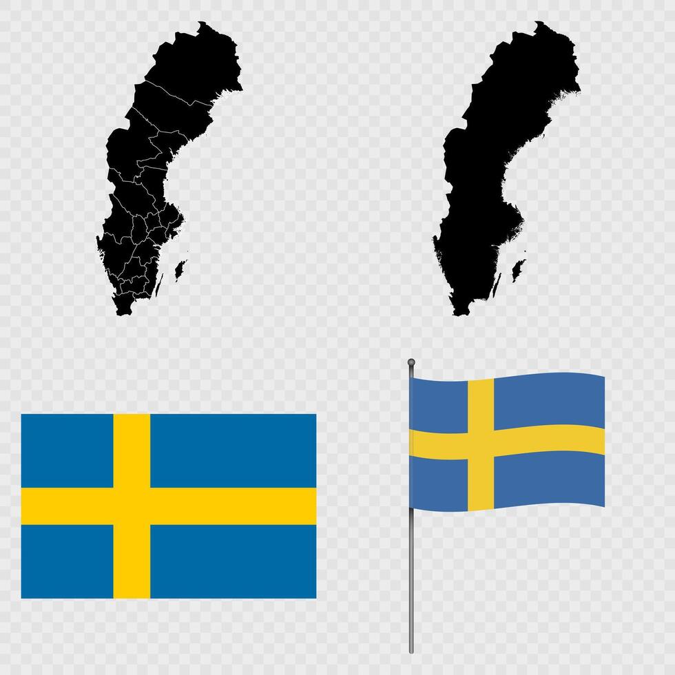 Set of maps, flag and flagpole of Sweden. illustration. vector