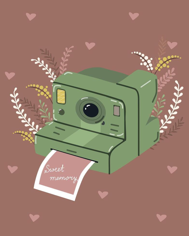 An old camera with a paper and flowers vector
