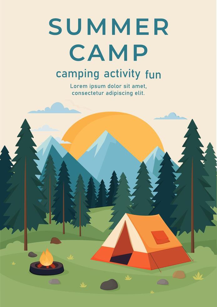 Summer camp promo flyer. Illustration of landscape, mountains, forest, tent, and a campfire. Camping in nature, picnic, traveling, hiking. Design for template, banner, poster, website, cover, flyer. vector