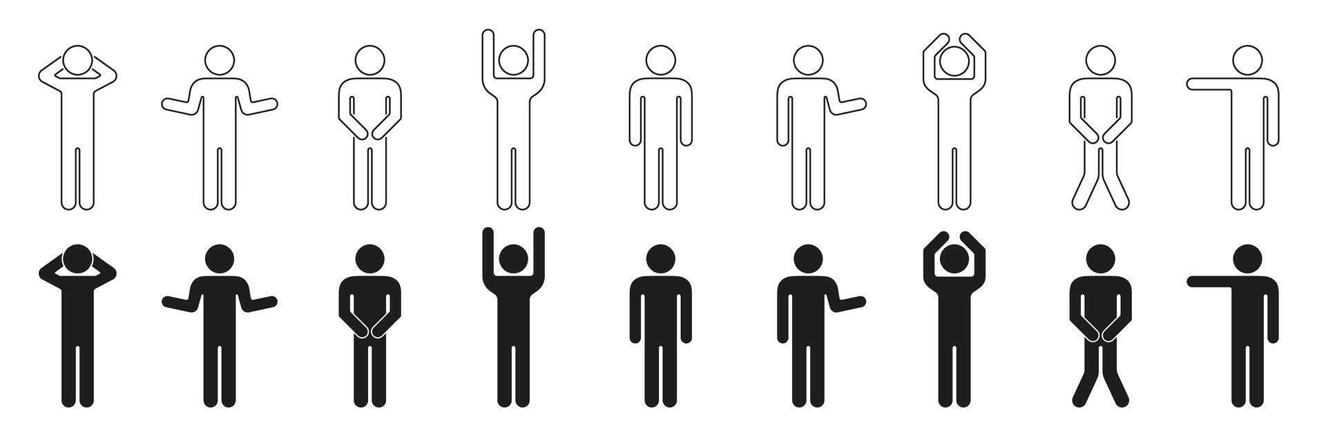 Set of Human Figure Icons in Filled and Outline Styles. Stick Figure Gesture Poses and Expression Line and Solid Collection. Editable Stroke. Isolated Illustration vector