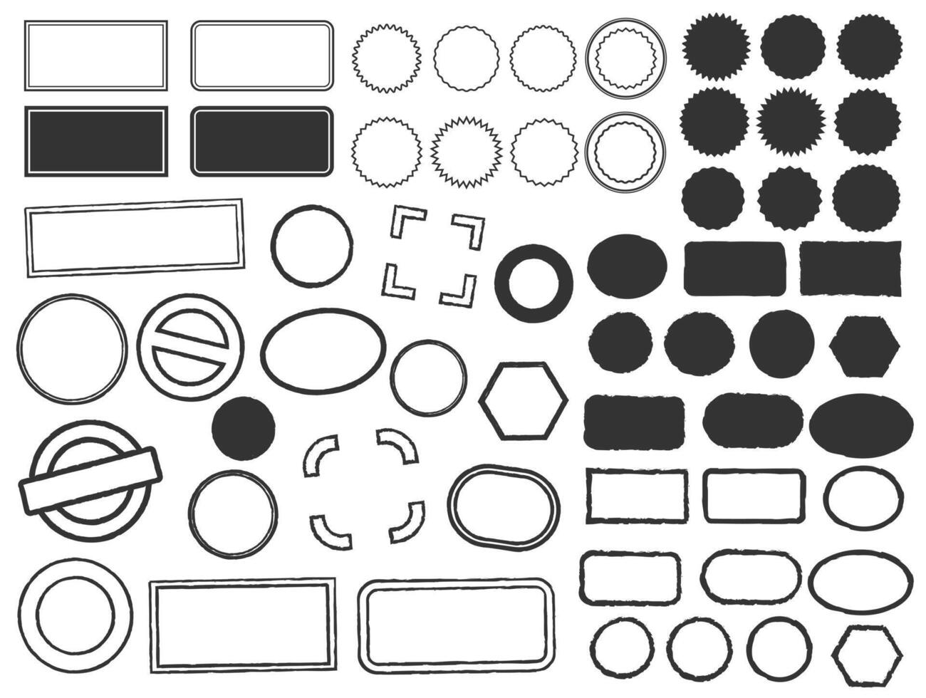 Stamps frames icon shape set. Stamp grunge ink rubber labels sign collection. Isolated on white background. Black round and square stamp border pack. vector