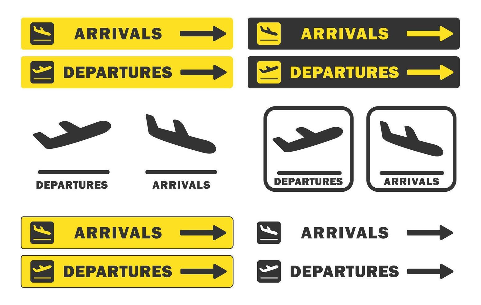 Take off and landing Plane sign icon symbol set. Arrivals, departures Flight transport sign logo. Airplane sign image. Travel flat illustration. Isolated on yellow background. vector