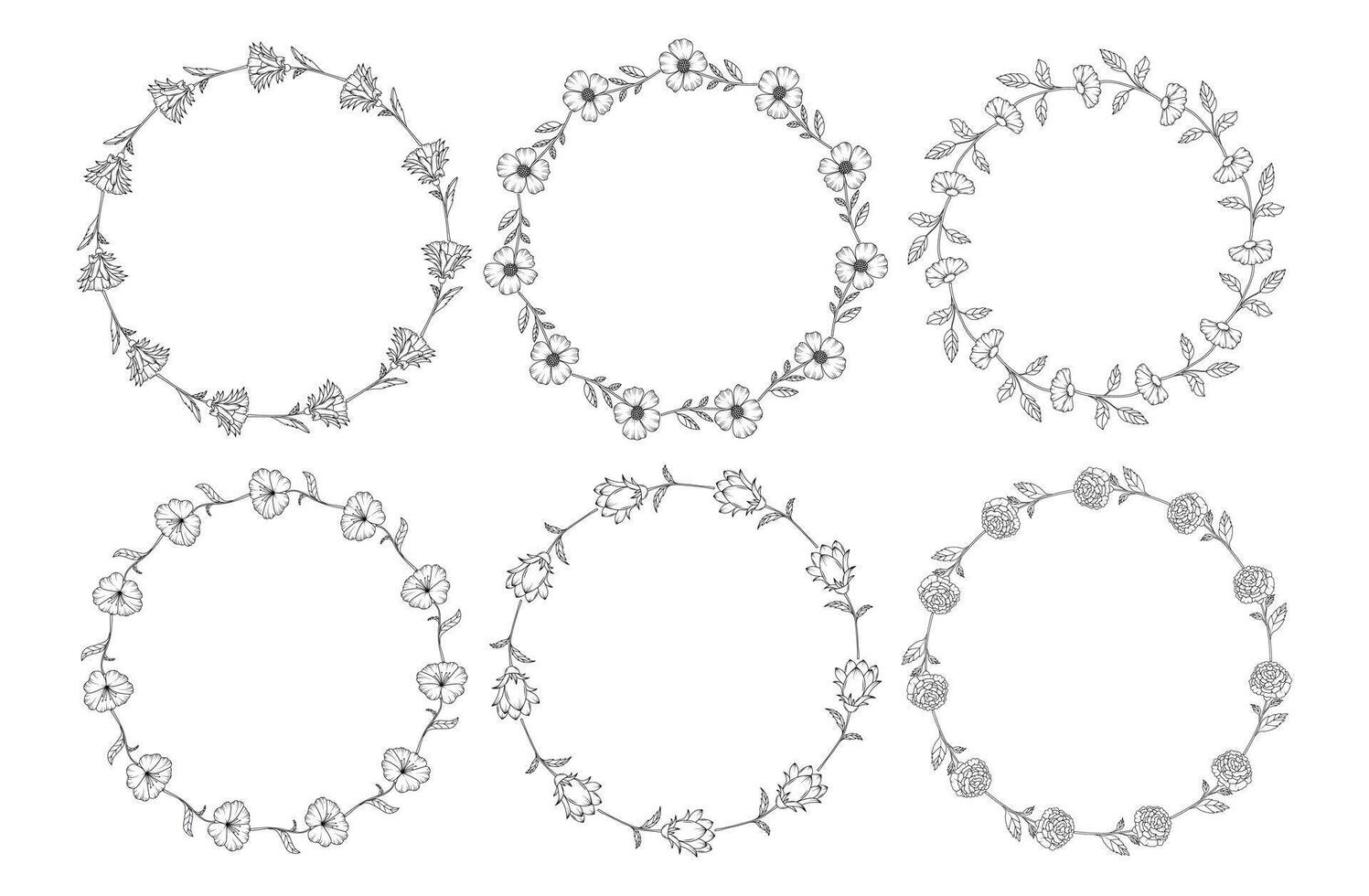 Minimalistic herbal botanical set of border. Collection of trendy hand drawn flowers. Frame for design. Single line art. clip art. Silhouette. Elements. Cut out. Circles, petal, stem, branch. Wedding vector