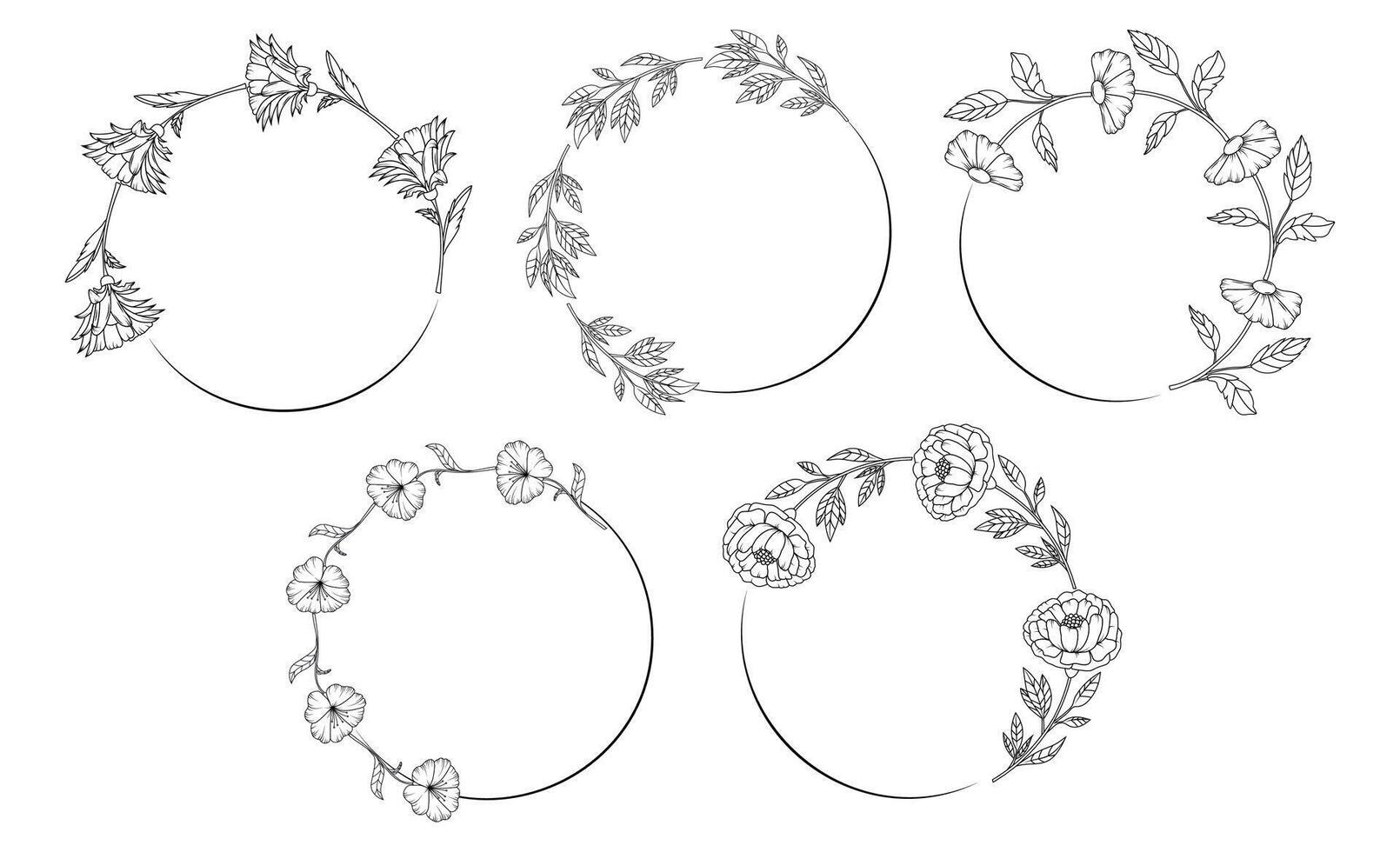 Frame and border. Minimalistic herbal botanical set of circles. Collection of trendy hand drawn flowers. Single line art. clip art. Silhouette. Elements. Cut out. Speech bubbles. . Background vector