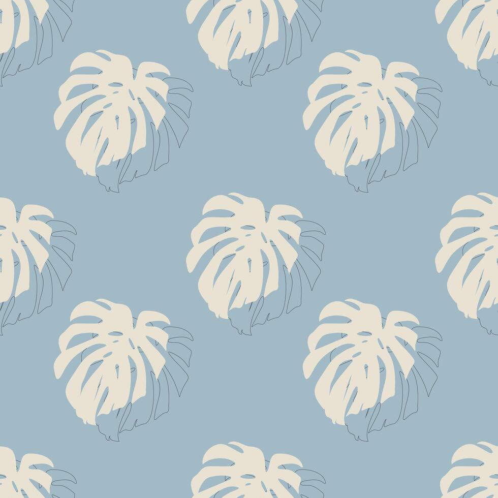 Pattern of Monstera leaves in beige color and leaf outline, textile soft blue pastel background. vector