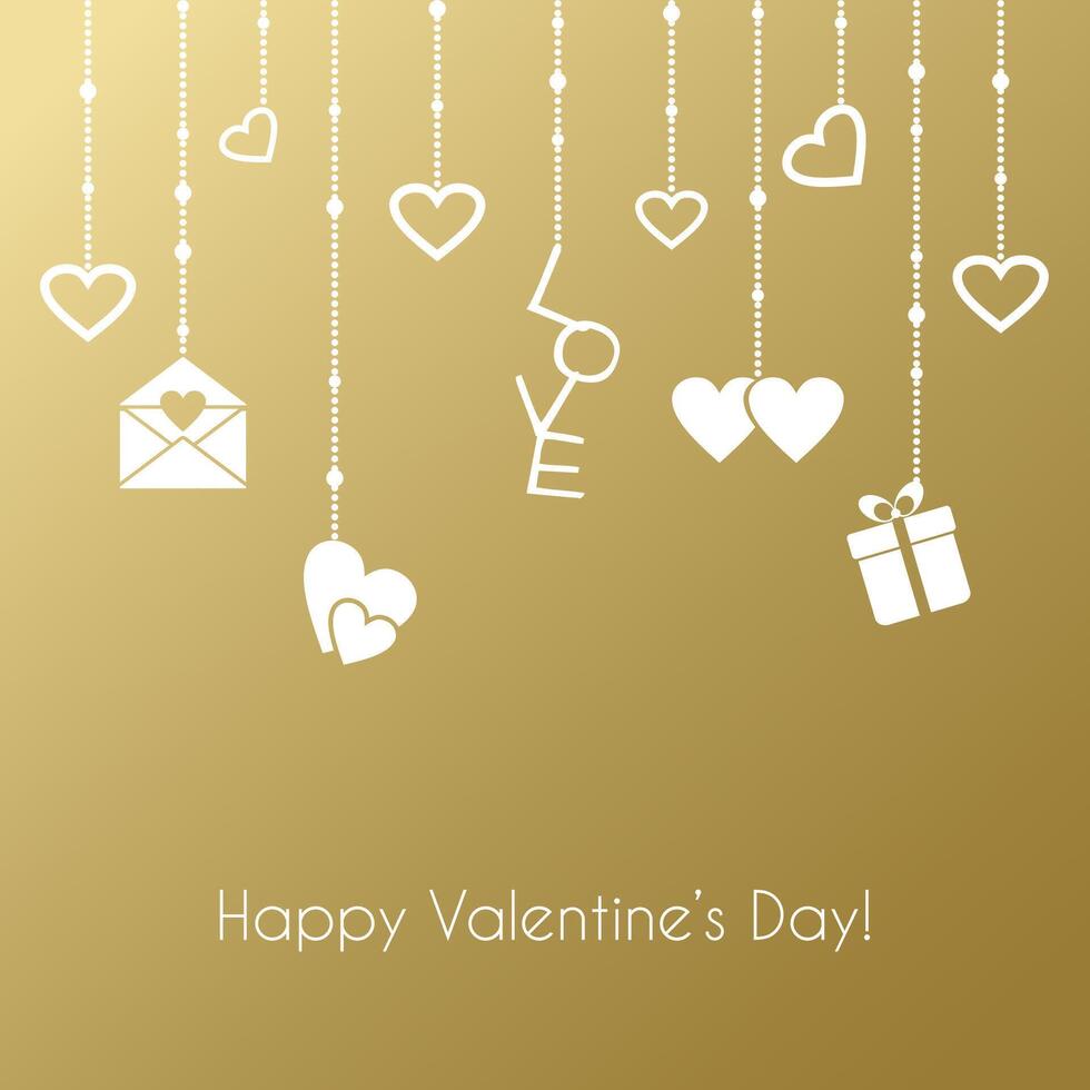 Greeting card for Valentines Day with hanging gifts on a gold background vector