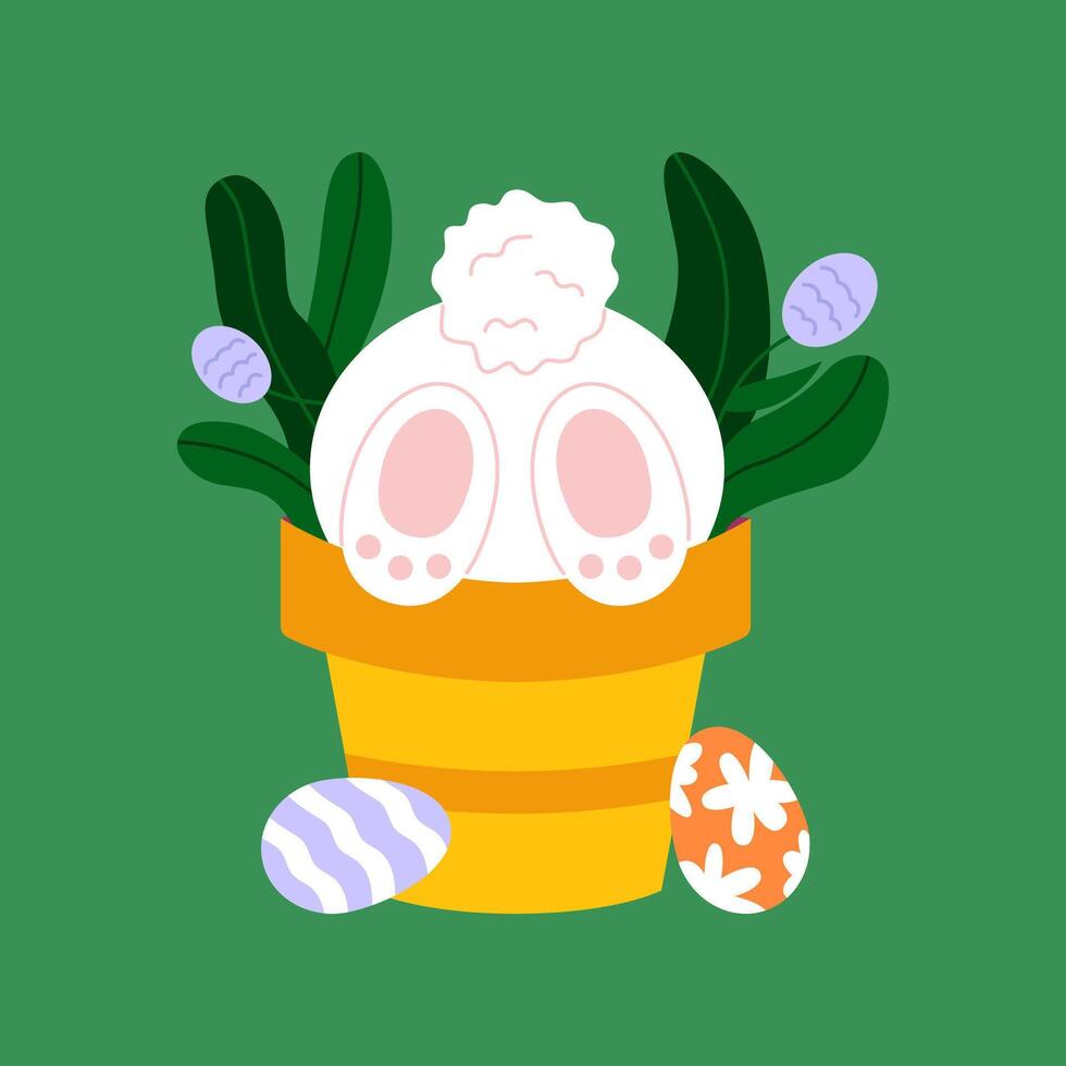 Cute Easter bunny in flower pot and eggs. Cute Rabbit cartoon character. Flat illustration isolated on green background. vector